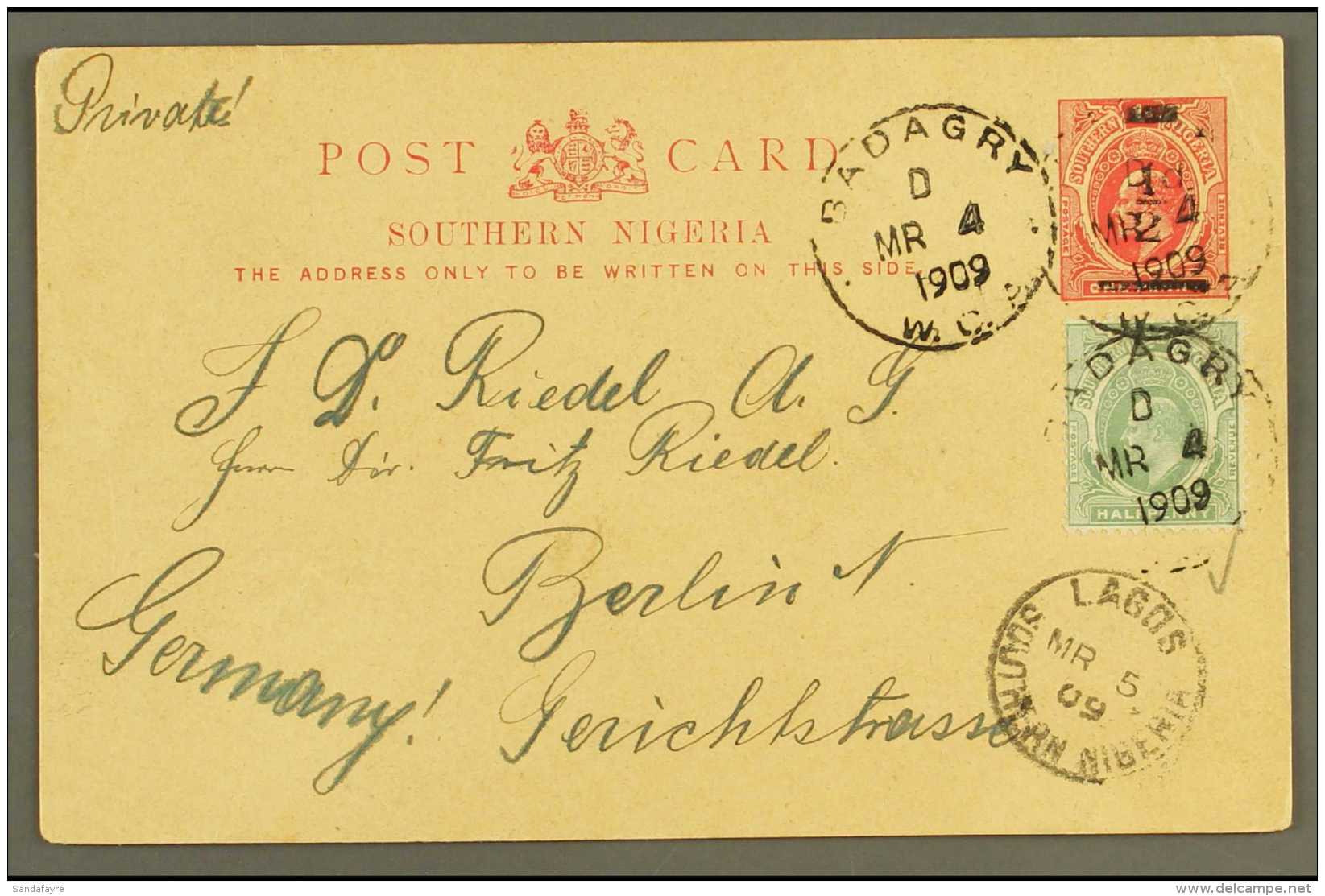 1908 &frac12;d On 1d Red On Buff Surcharged Stationery Card To Germany, Uprated &frac12;d Both Cancelled BADAGRY ... - Nigeria (...-1960)