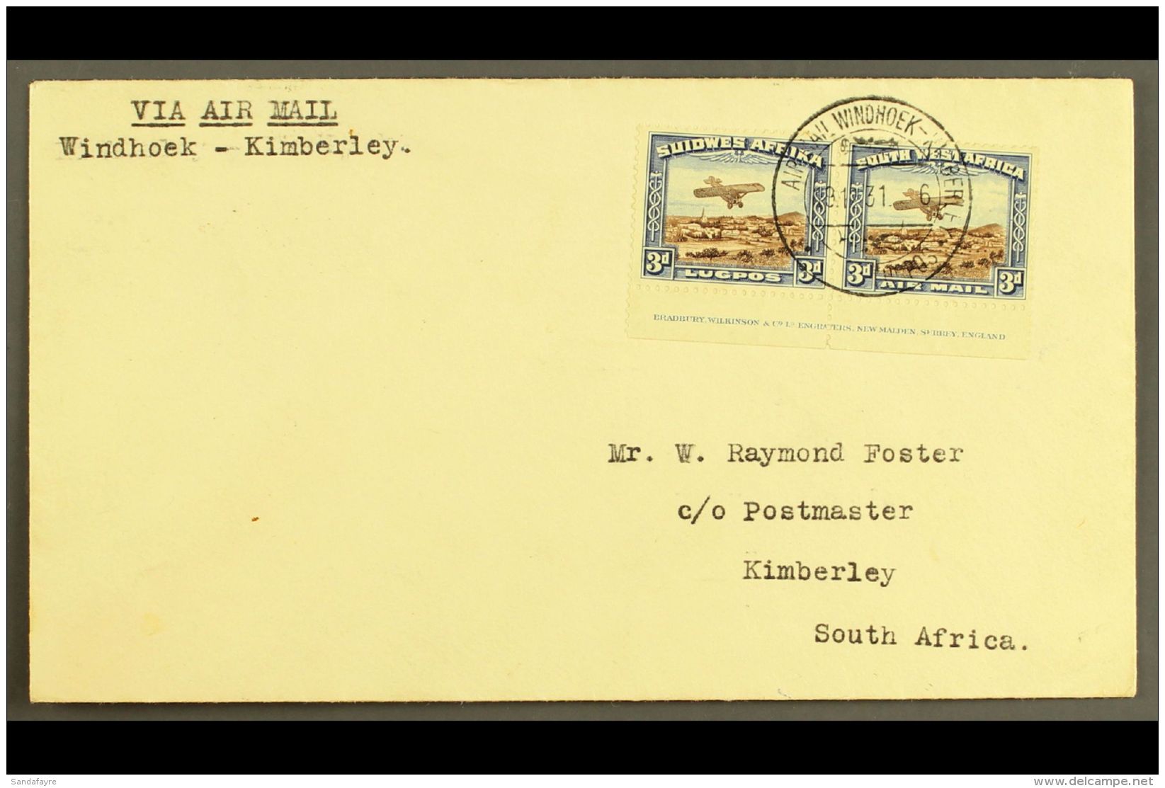 1931 (19 Nov) Cover To Kimberley Bearing Air 3d Brown And Blue (SG 86) Horizontal IMPRINT PAIR Tied By "AIR MAIL... - Afrique Du Sud-Ouest (1923-1990)
