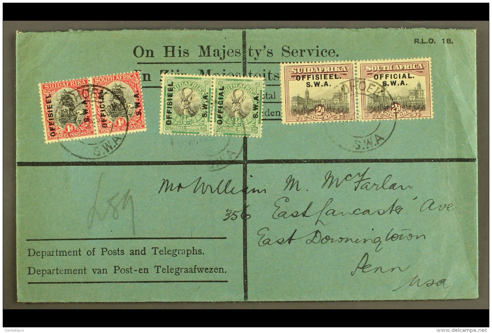 1929 (8 Nov) OHMS Printed Cover To USA Bearing &frac12;d, 1d, And 2d Official (SG O9/11) Horiz Pairs Tied By... - Afrique Du Sud-Ouest (1923-1990)