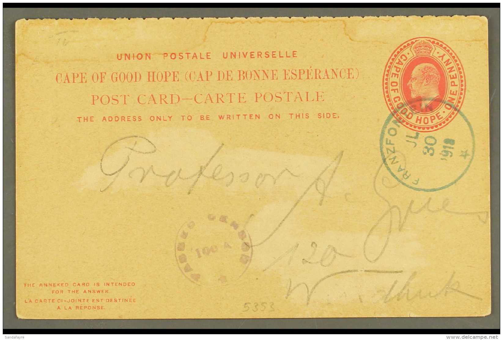 1918 (30 Jul) 1d KEVII Cape Postal Card To Windhuk Cancelled By Very Fine "FRANZFONTEIN" Rubber Cds Postmark In... - Africa Del Sud-Ovest (1923-1990)