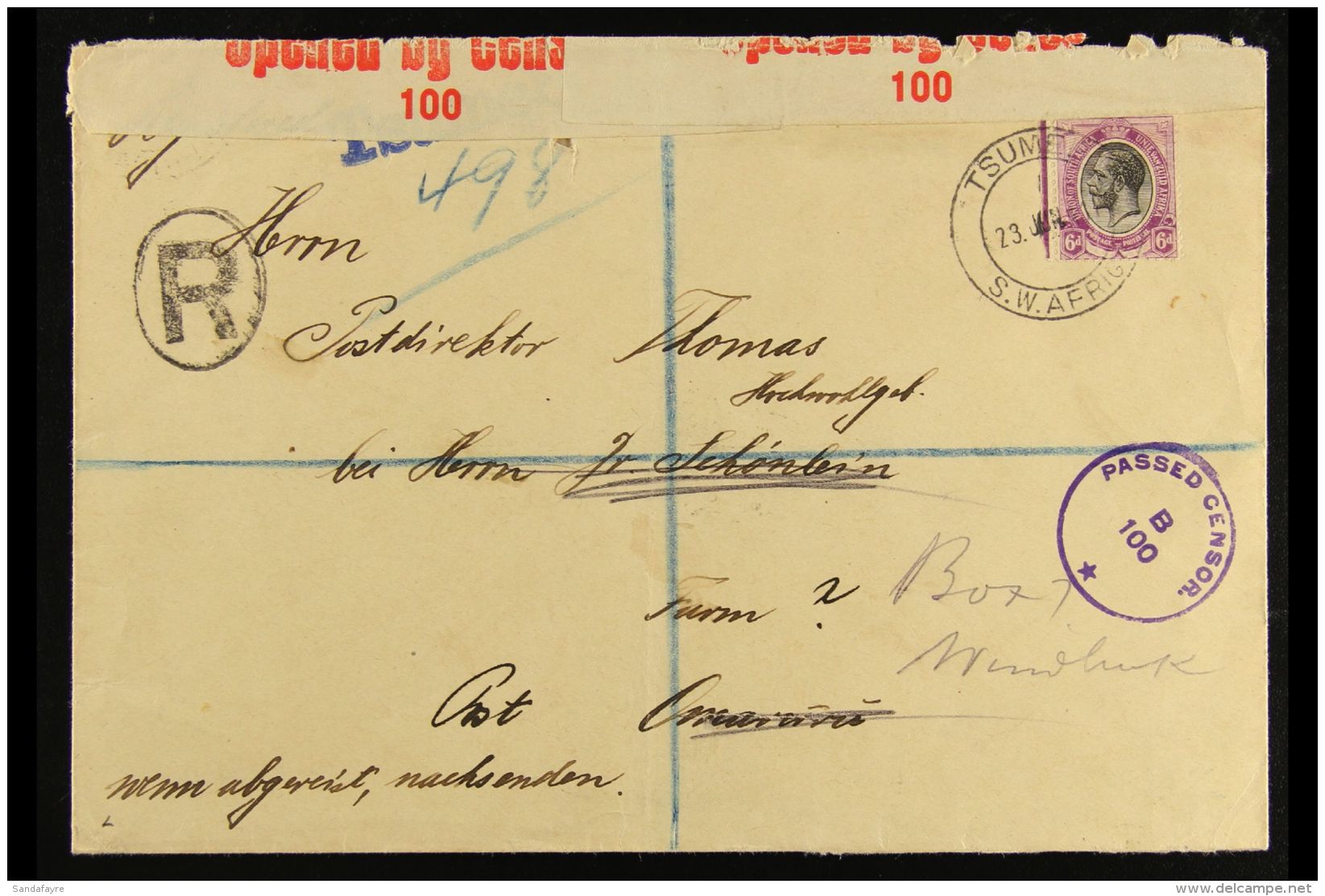 1917 (23 Jun) Redirected Registered Cover Bearing 6d Union Stamp Tied By Very Fine "TSUMEB" Cds Postmark, Putzel... - Afrique Du Sud-Ouest (1923-1990)