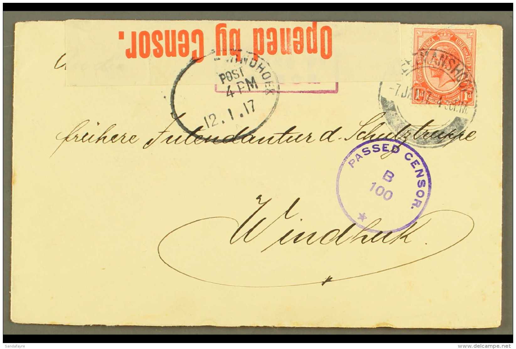 1917 (12 Jan) Cover To Windhoek Bearing South Africa 1d KGV Tied By "KEETMANSHOOP" Cds; Alongside Violet Circular... - Africa Del Sud-Ovest (1923-1990)