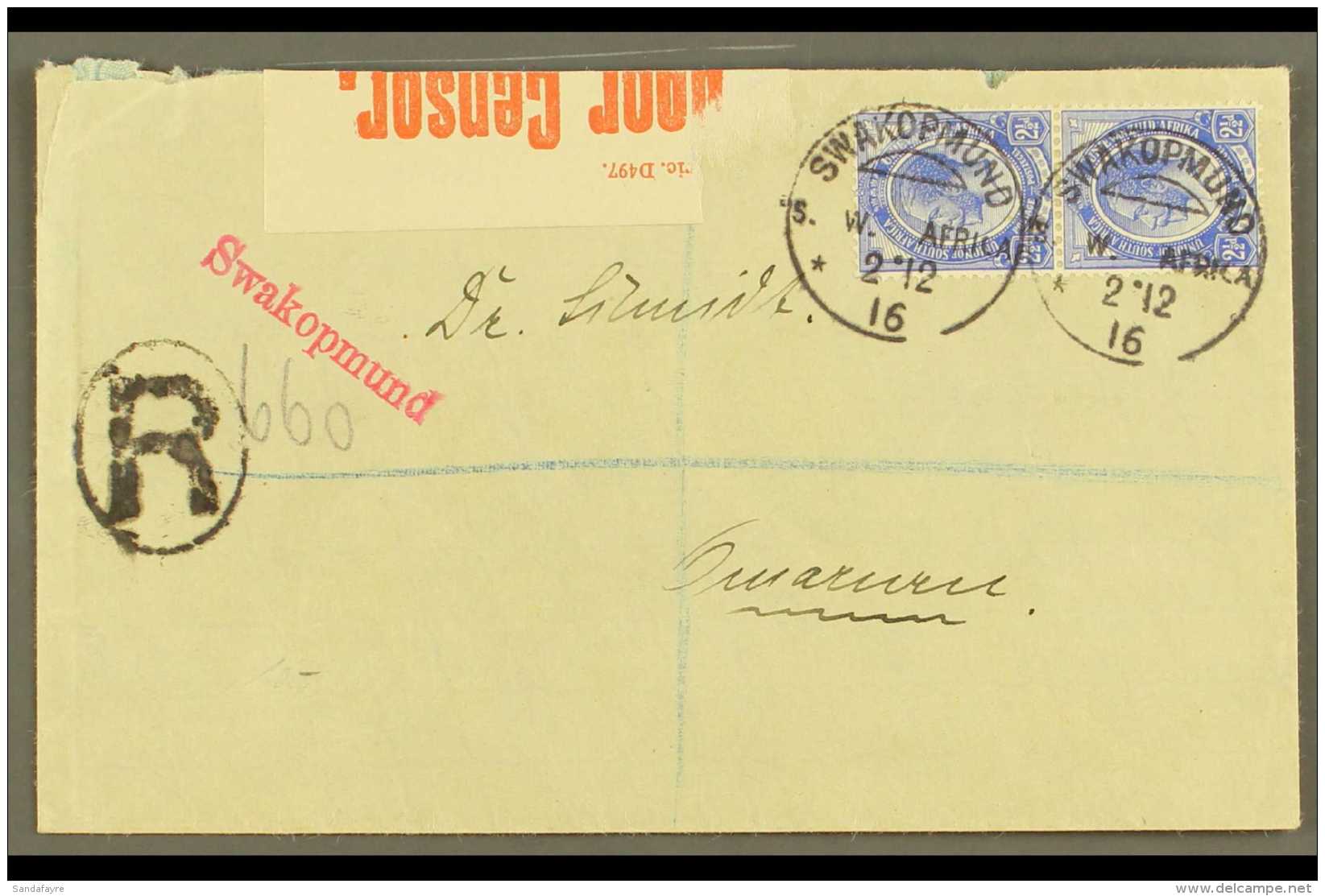 1916 CENSOR COVER (2 Dec) Registered Cover To Omaruru Bearing 2&frac12;d Union Stamps Vertical Pair Tied By Two... - Südwestafrika (1923-1990)