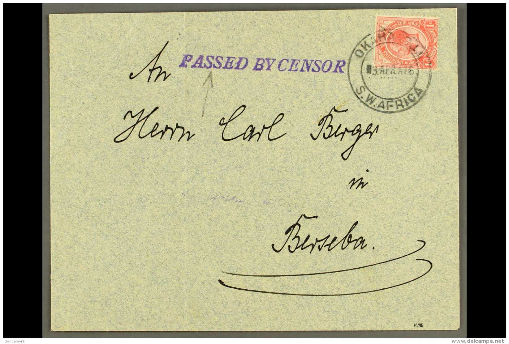 1916 (3 Apr) Cover To Berseba Bearing 1d Union Stamp Tied By Fine "OKAHANDJA / S.W. AFRICA" Cds Postmark, Putzel... - Afrique Du Sud-Ouest (1923-1990)