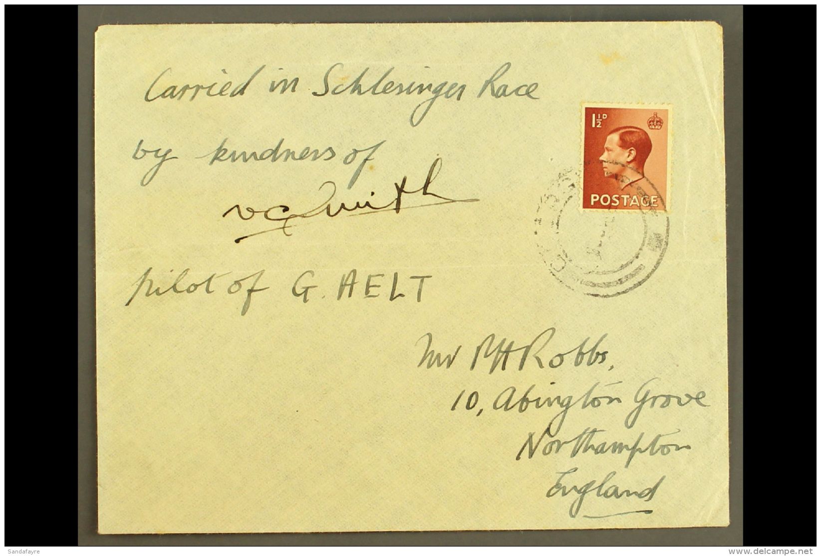 SCHLESINGER AIR RACE COVER 1936 Plain Cover Carried By Victor Smith With GB KEVIII 1&frac12;d Cancelled By "GEORGE... - Non Classés