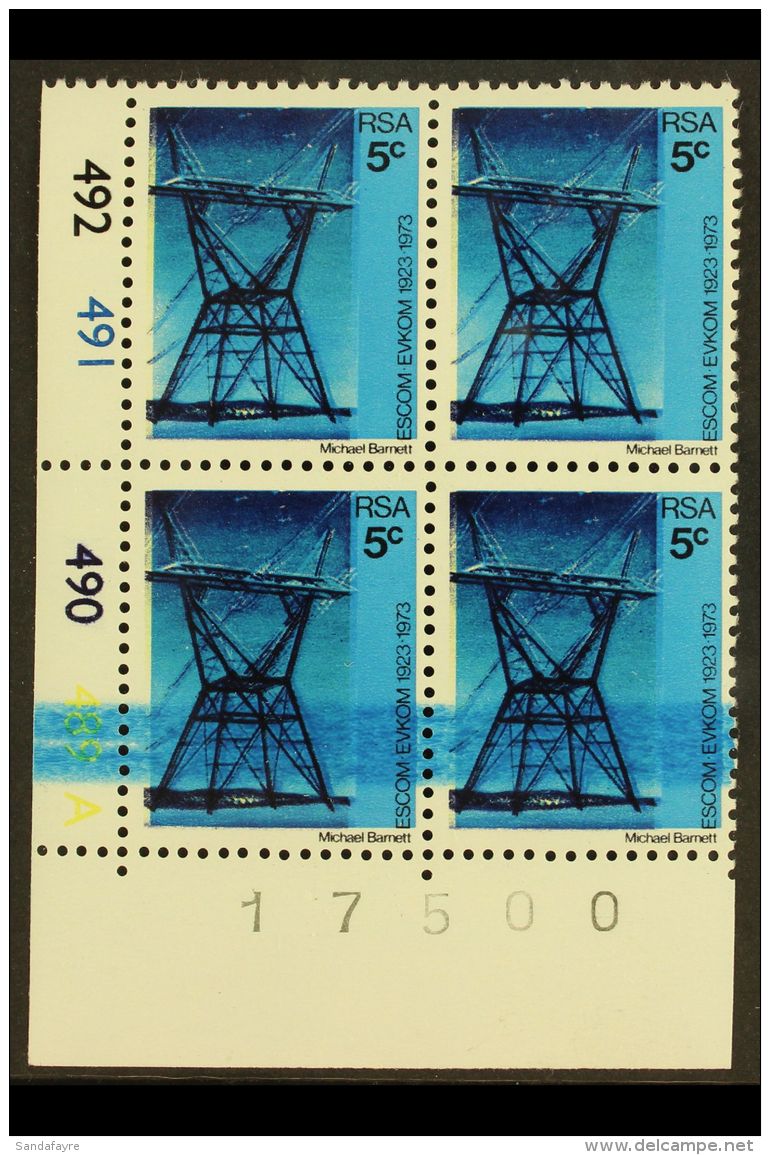 RSA VARIETY 1973 5c ESCOM (pylon) In Control Block Of 4 With LARGE, BLUE INK SMUDGE Across Lower Two Stamps, SG... - Non Classés