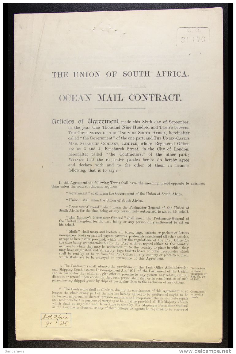 1912 (Sept 6th) OCEAN MAIL CONTRACT Between The Union - Castle Mail Steamship Company Ltd &amp; The Union Of South... - Non Classificati