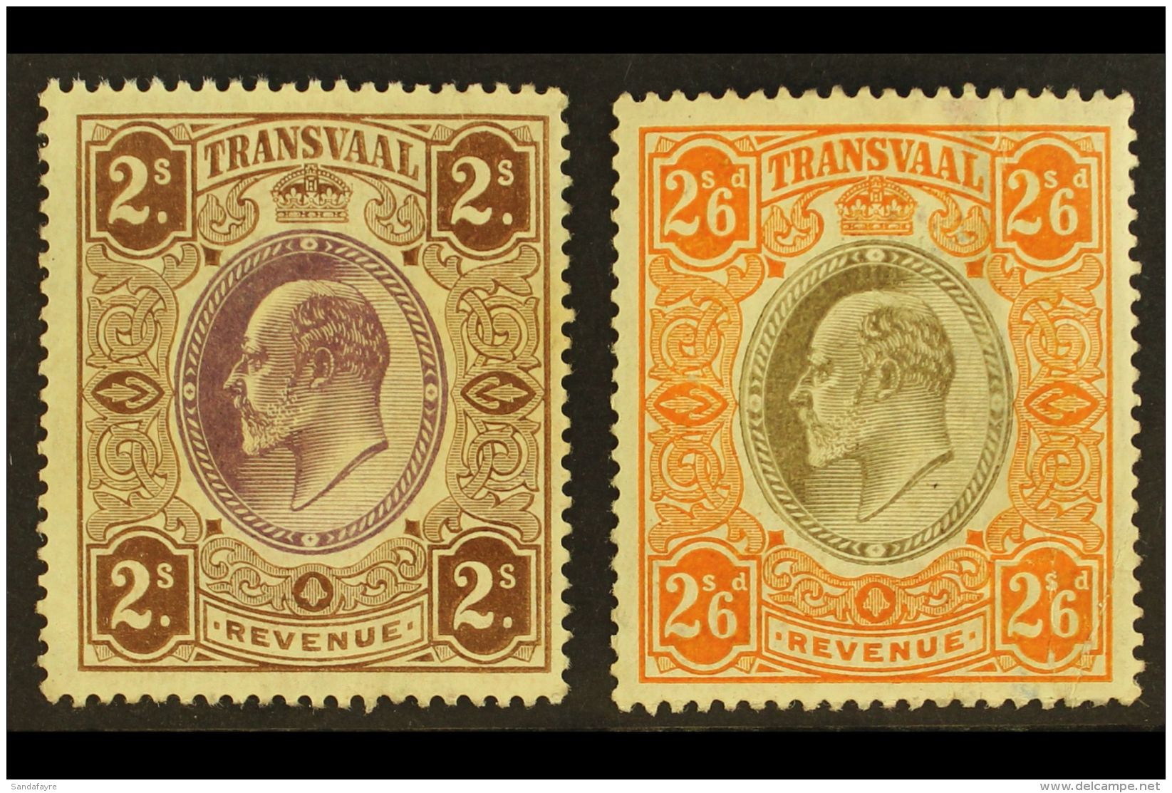 TRANSVAAL REVENUES 1906 KEVII 2s Brown &amp; Purple And 2s6d , Barefoot 103/4, Never Hinged Mint, Faults, But Good... - Non Classés