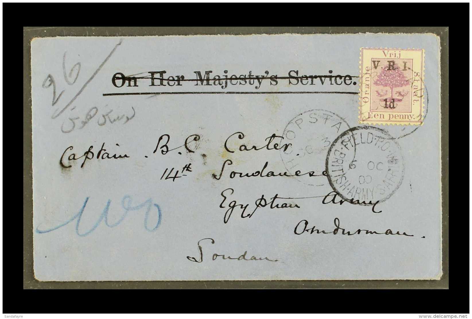 ORANGE FREE STATE 1900 COVER, Franked 1d On 1d "V.R.I." Ovpt, Pmkd HOOPSTAD 3.10.1900, Addressed To A "Captain... - Non Classificati