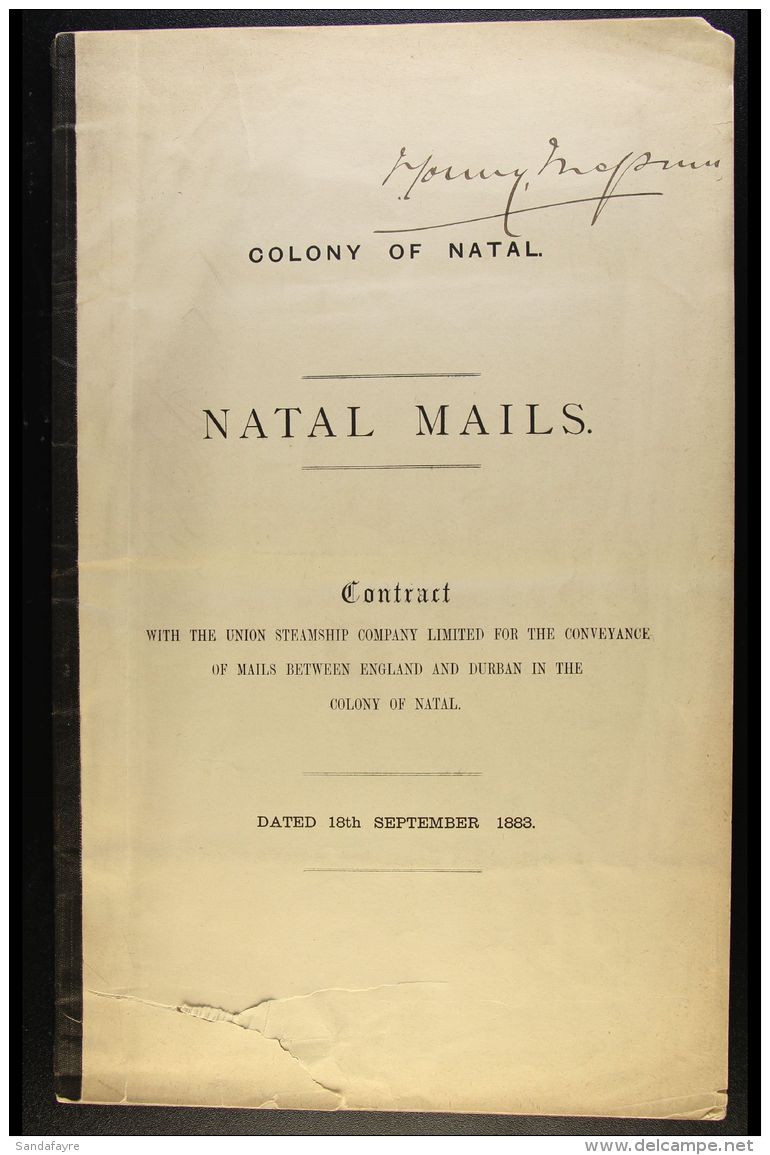 NATAL 1883 (Sept 18th) MAIL CONTRACT With The Union Steamship Company Ltd For The Conveyance Of Mail Between... - Non Classés