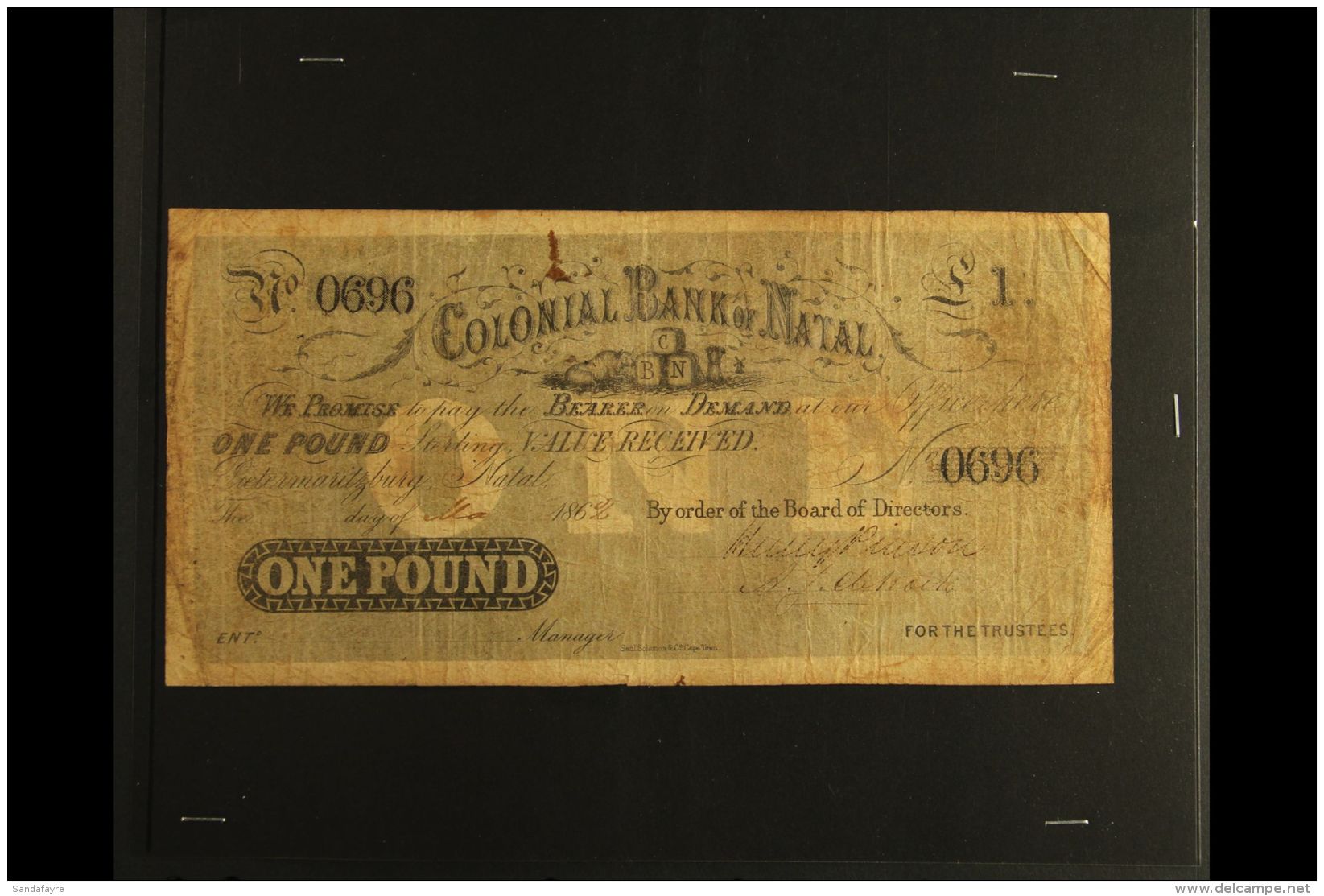 NATAL 1862 &pound;1 COLONIAL BANK OF NATAL Banknote, Intact, Soiled, Folded &amp; Pressed!. Scarce For More... - Non Classificati