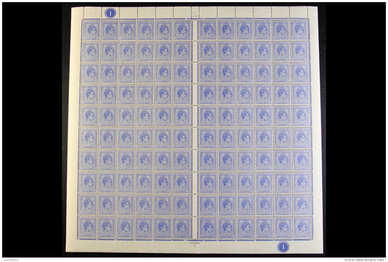 1938-50 KGVI COMPLETE SHEET OF 120 STAMPS 2&frac12;d Bright Ultramarine, SG 72a, Plate 1, Never Hinged Mint Sheet... - St.Kitts-et-Nevis ( 1983-...)