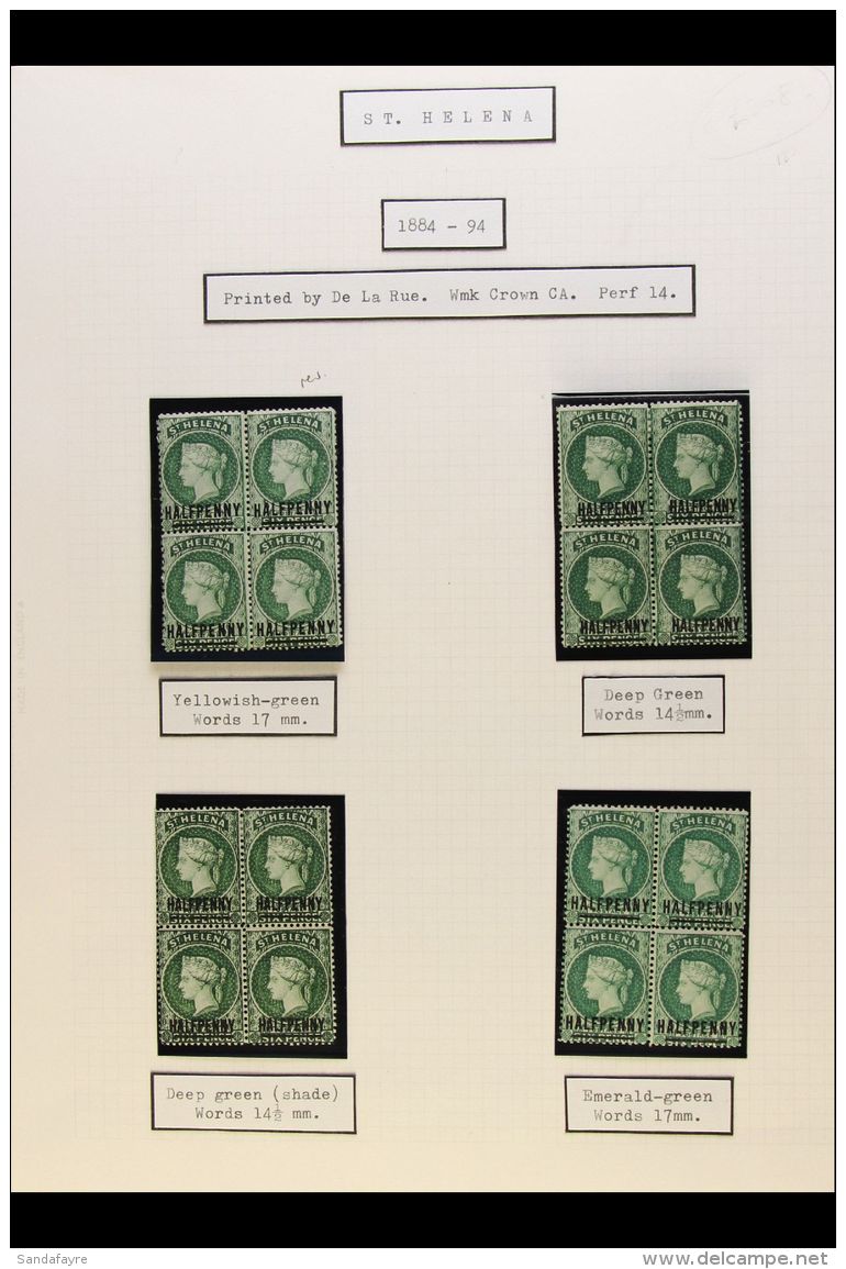 1884-90 FINE MINT BLOCKS OF FOUR With &frac12;d (4, Emerald And 17mm Words), 1d (both Shades), 2&frac12;d (block... - Isola Di Sant'Elena