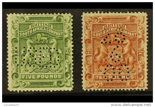 1892-93 &pound;5 Sage-green &amp; &pound;10 Brown, SG 12/13, Fine Fiscally Used With Perfins, Fresh. (2 Stamps)... - Autres & Non Classés