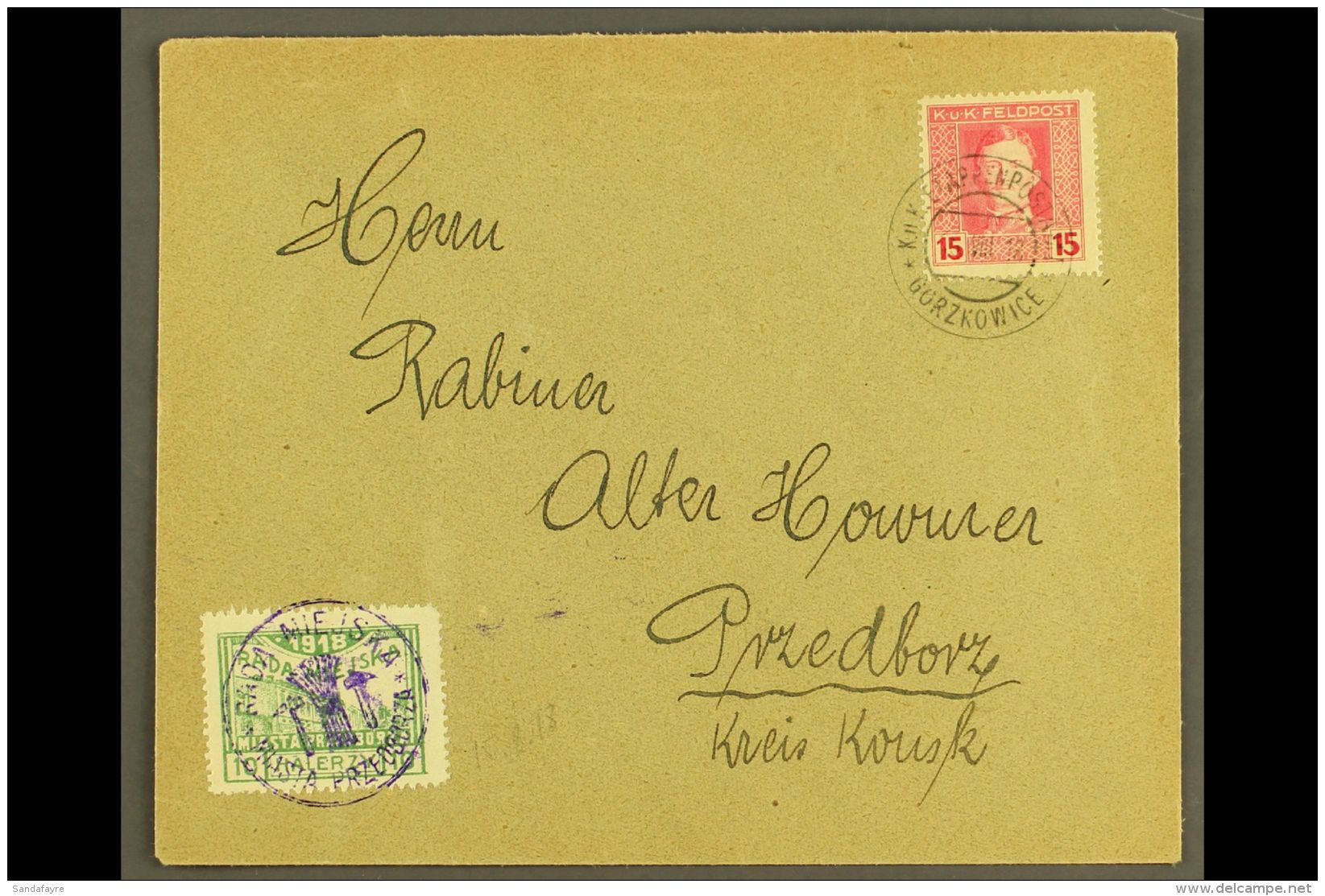 LOCAL TOWN POST PRZEDBORZ 1918 (15 Aug) Cover Bearing Austria 15h Feldpost Stamp Tied By "K.u.K. Etappenpostamt... - Altri & Non Classificati