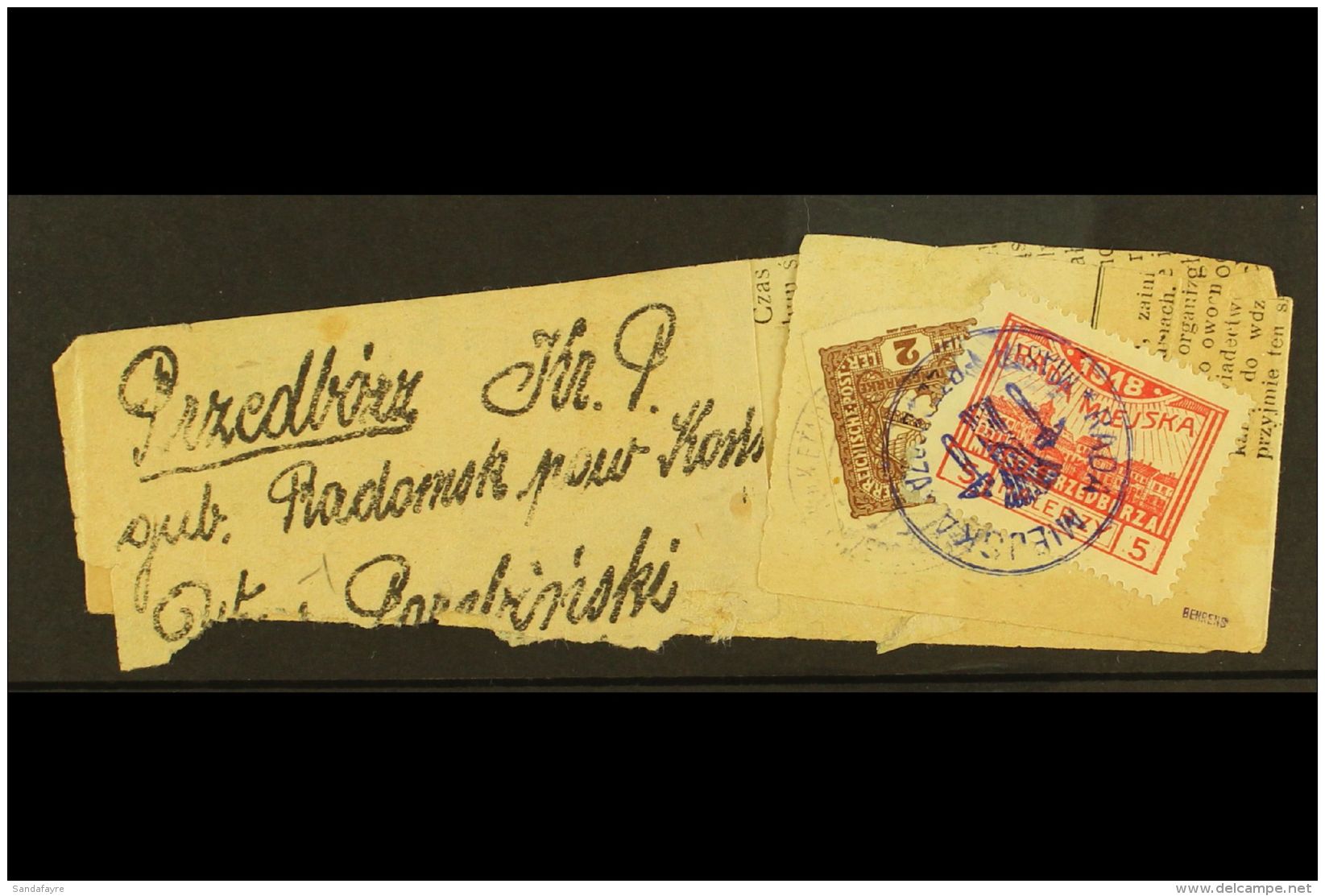 LOCAL TOWN POST PRZEDBORZ 1918 Newspaper Wrapper Bearing Austria 2h Newspaper Stamp Tied By "K.u.K. Etappenpostamt... - Sonstige & Ohne Zuordnung