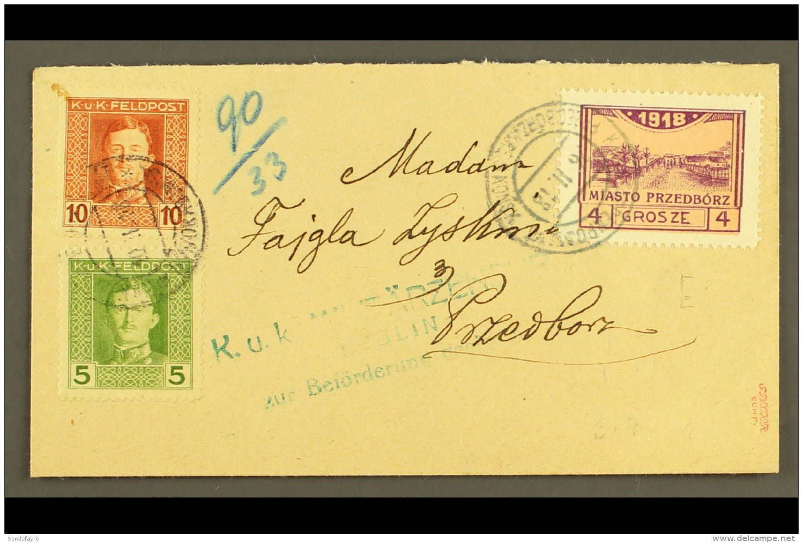 LOCAL TOWN POST PRZEDBORZ 1918 (20 Feb) Censored Cover Bearing Austria 5h &amp; 10h Feldpost Stamps Tied By... - Altri & Non Classificati
