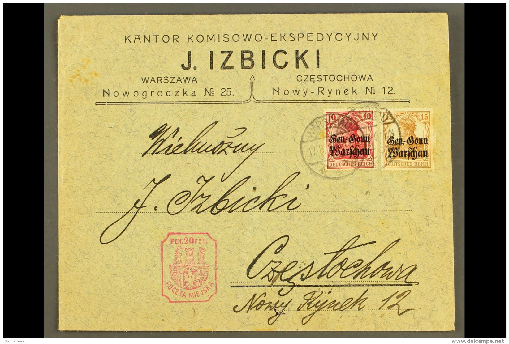 LOCAL TOWN POST CZESTOCHOWA 1917 (17 Aug) Cover Bearing Gen-Gouv Warschau 10pf &amp; 15pf Stamps Tied By... - Autres & Non Classés