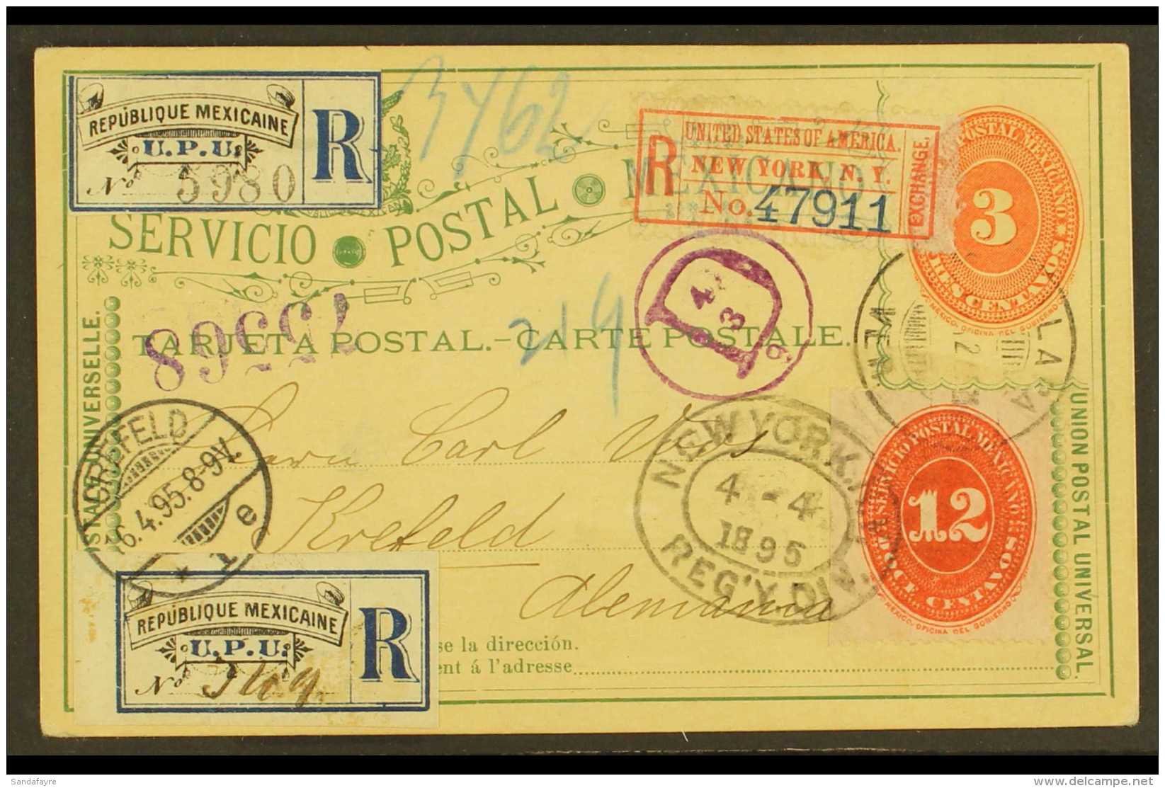 1895 (26 March) 3c Vermilion Numeral Postal Card, Registered &amp; Addressed To Germany, Uprated With 12c Scarlet... - Mexique