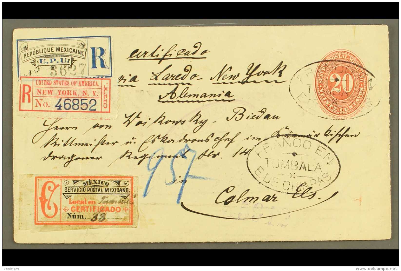 1894 (Dec) 20c Vermilion Numeral Ps Envelope, Registered &amp; Addressed To Germany, Cancelled By "Franco En... - Messico