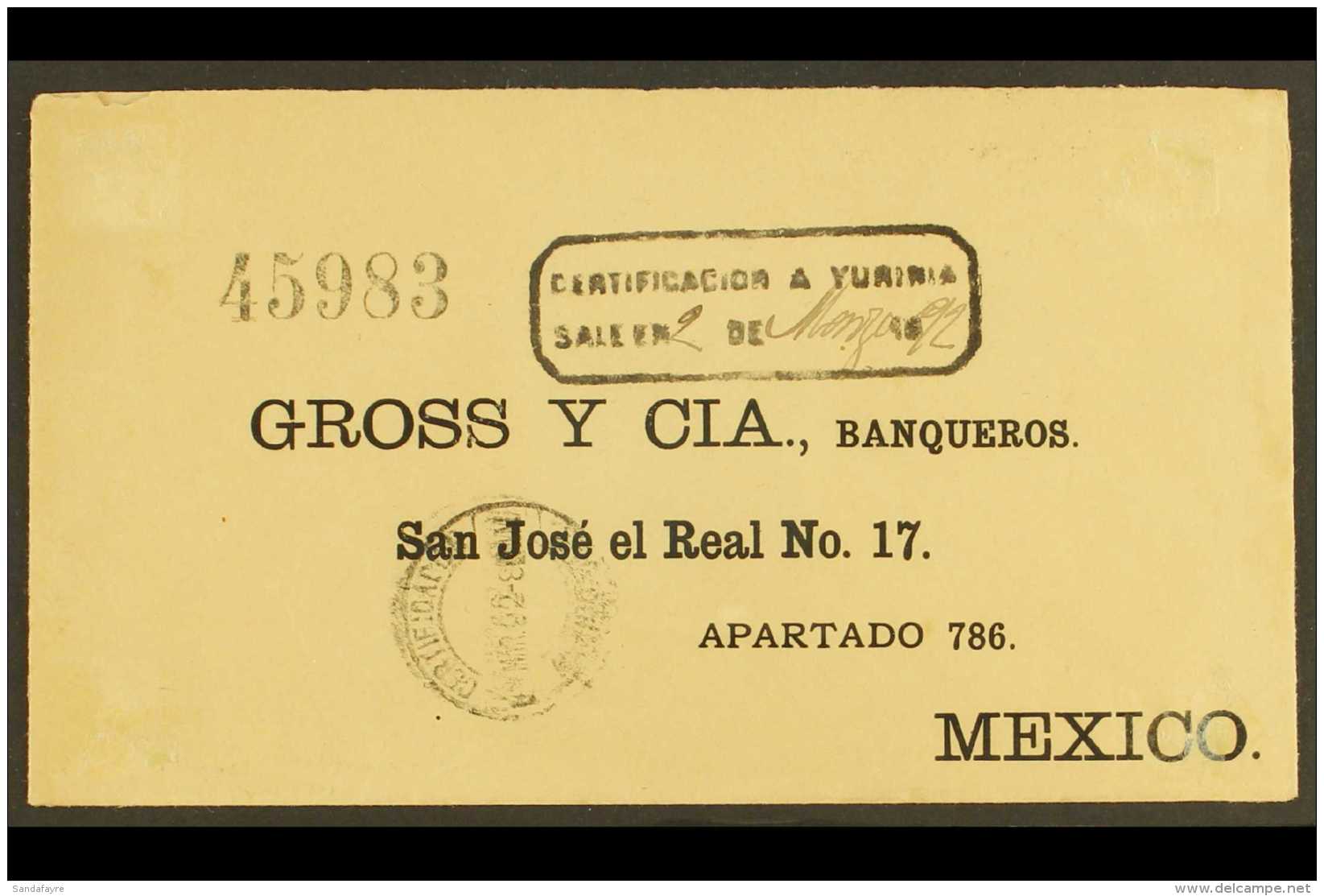 1892 (2 March) Registered Cover Addressed To Cuidad San Jose El Real, Mexico Bearing (on Reverse) 5c Ultramarine,... - Mexique