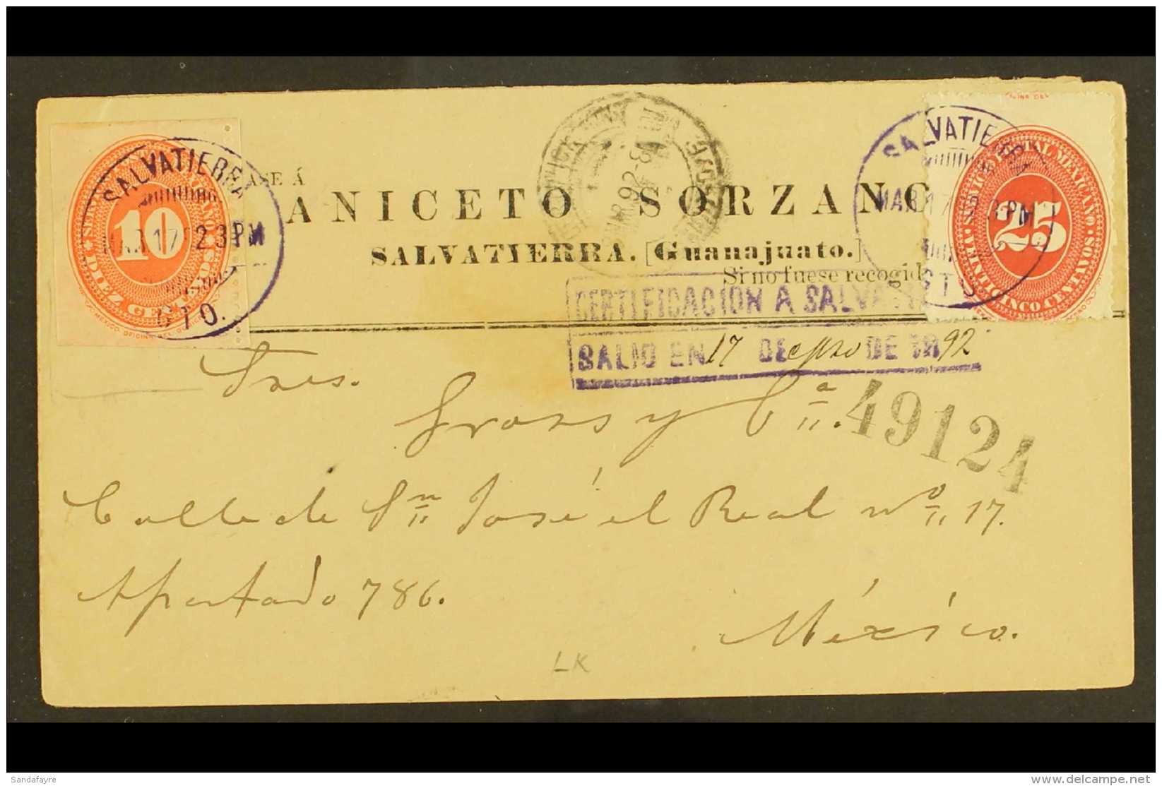 1892 (17 March) Registered Cover Addressed To Cuidad San Jose El Real, Mexico, Bearing 10c Vermilion &amp; 25c... - Mexique