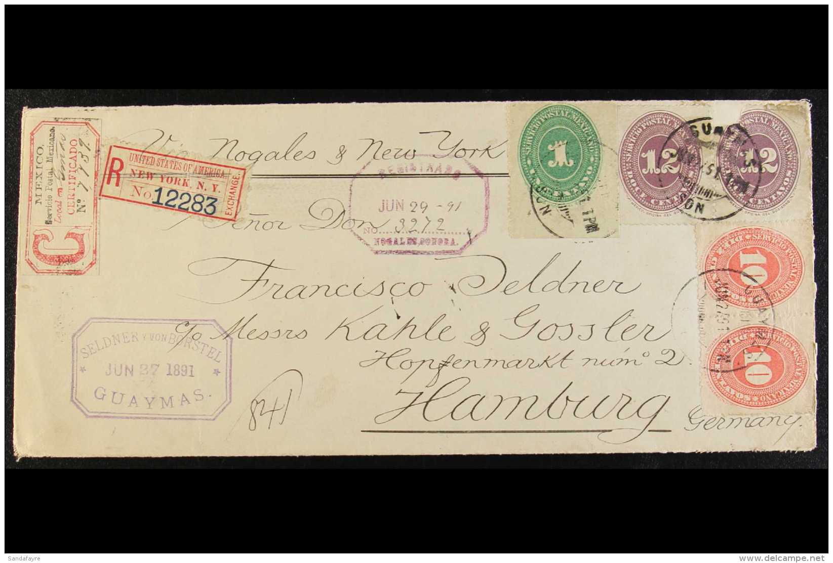 1891 THREE COLOURS FRANKING. (2 June) Registered Cover Addressed To Germany, Bearing 1c Green, 10c Vermilion Pair... - Messico