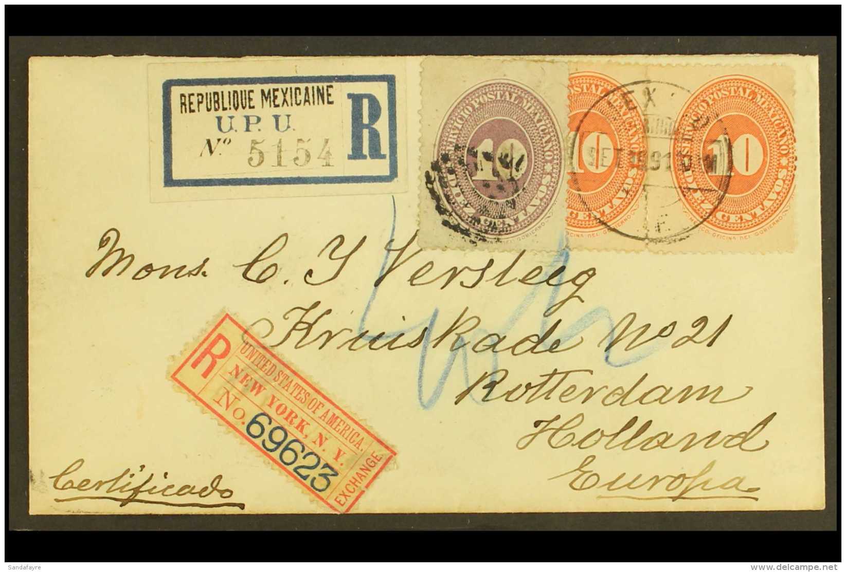 1891 (19 Sept) Registered Cover Addressed To Netherlands, Bearing 10c Vermilion (x2) + 10c Lilac Cancelled By... - Mexique