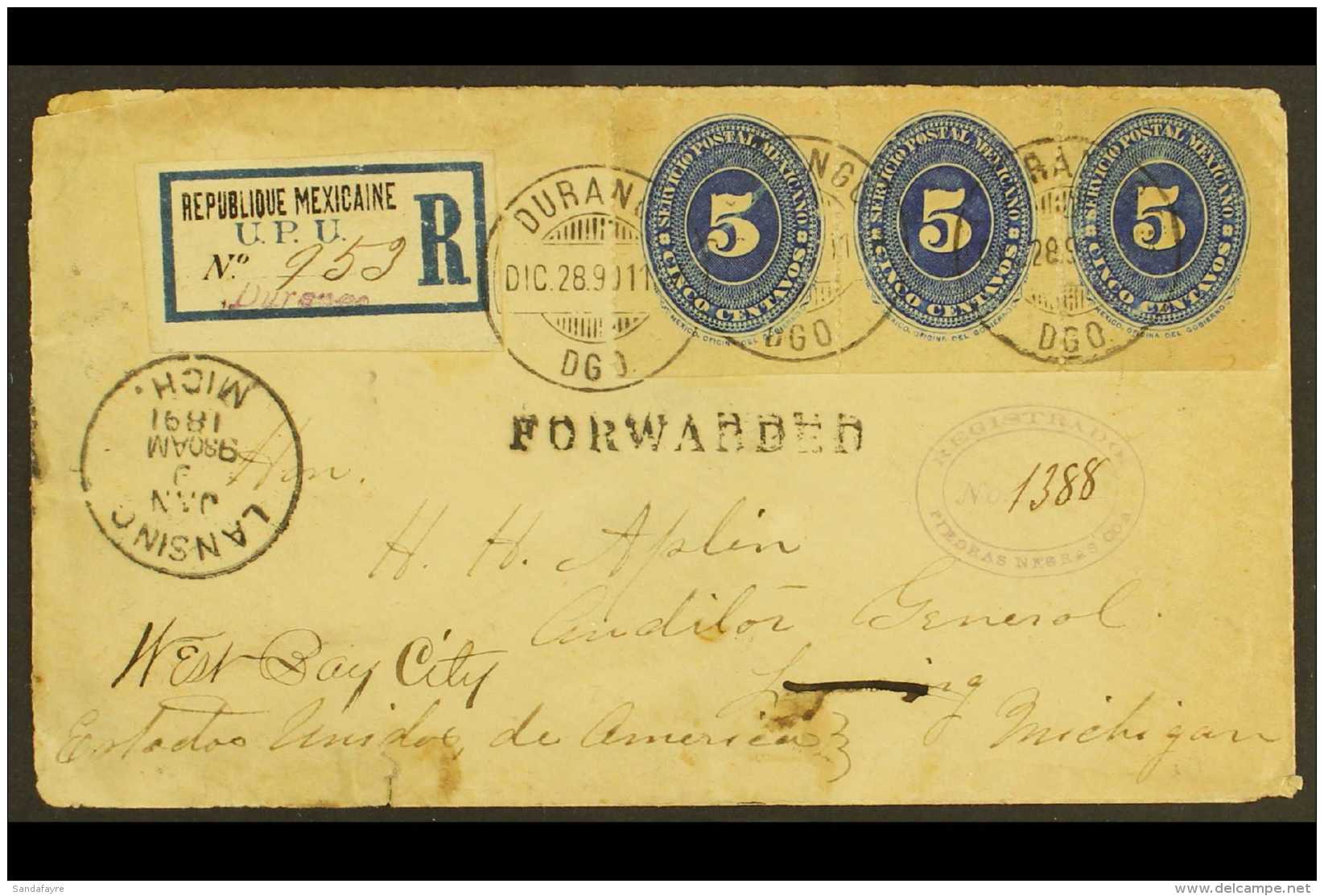 1890 (28 Dec) Registered Cover To USA (there Forwarded), Bearing 5c Ultramarine Numerals Strip Of 3 (Scot 216, SG... - Mexique