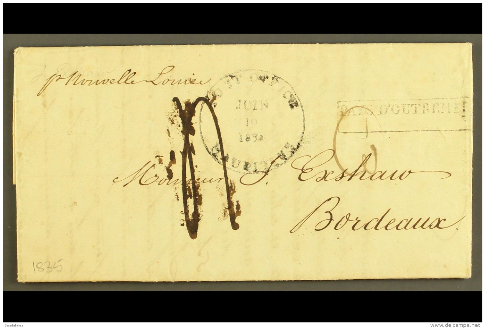 1835 UNIQUE DATESTAMP. 1835 (10 Jun) Entire Letter With Full Contents (French) From Port Louis To Bordeaux,... - Maurice (...-1967)