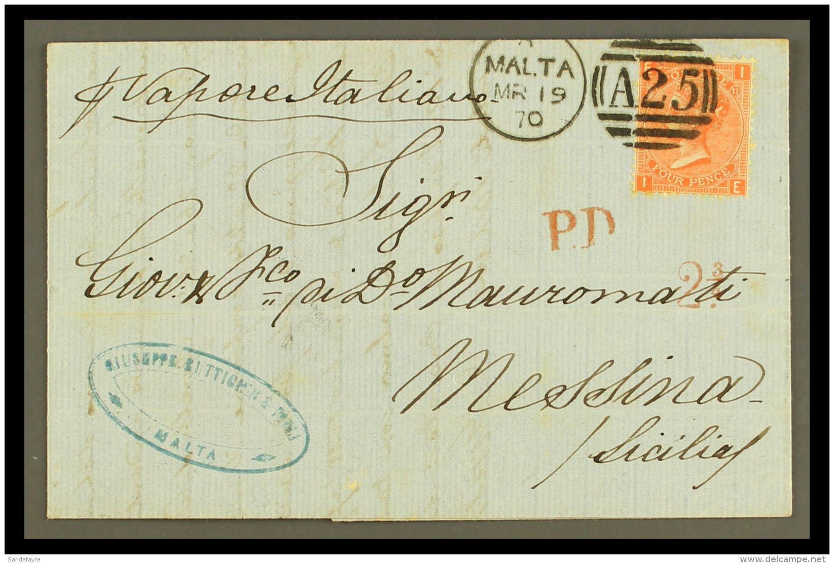 1870 ENTIRE LETTER TO SICILY Bearing Great Britain 4d Plate 11 Tied By "MALTA / A25" Duplex Cancel, Endorsed "via... - Malte (...-1964)