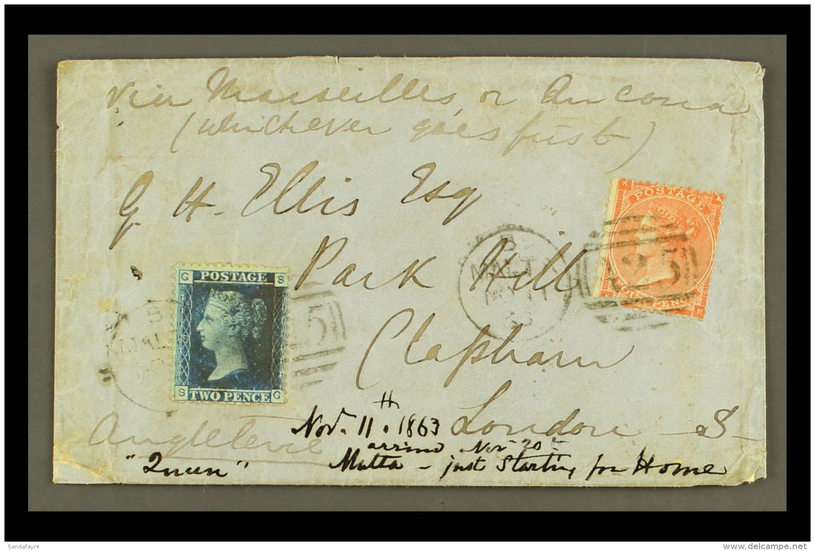 1863 COVER TO LONDON Bearing Great Britain 2d Blue, Plate 9, Plus 1862-64 4d (this With Fault), These Tied By... - Malta (...-1964)