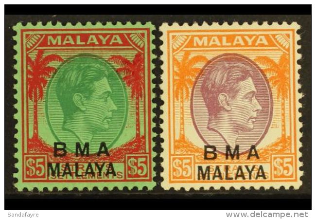 1945-8 $5 Green &amp; Red On Emerald Plus $5 Purple &amp; Orange, SG 17/18, Very Fine Mint (2). For More Images,... - Malaya (British Military Administration)