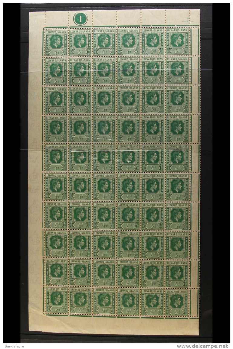 1938-51 KGVI COMPLETE SHEET OF 120 STAMPS &frac12;d Emerald Green, SG 96, Plate 1, Complete Sheet Of 120 Stamps As... - Leeward  Islands