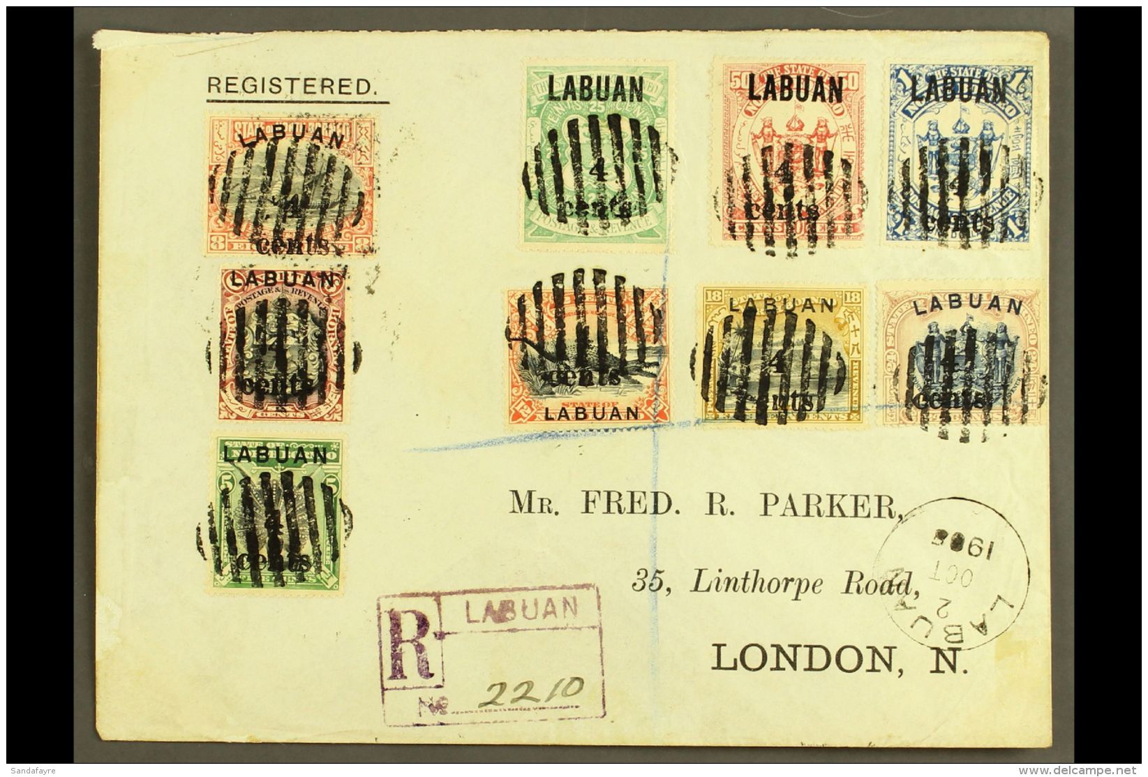 1905 (2 Oct) Registered "Fred Parker" Cover To England Bearing "4 Cents" Surcharges Complete Set (SG 129/37) Tied... - Borneo Del Nord (...-1963)