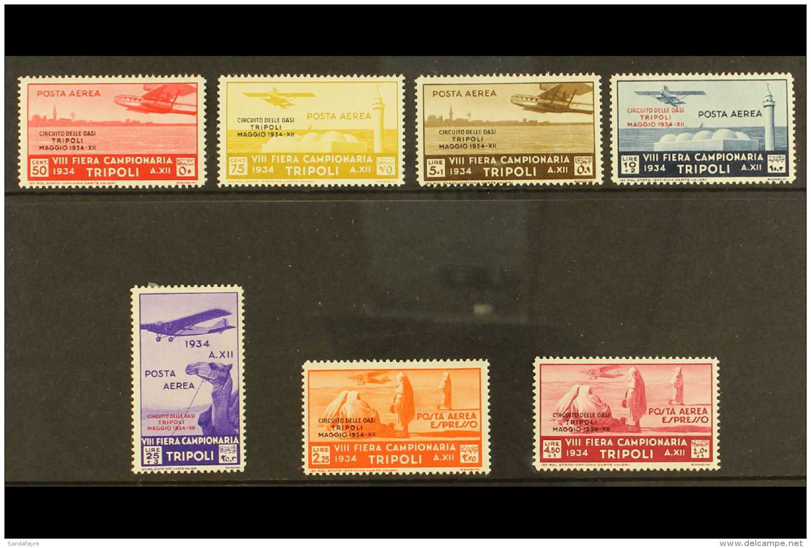 TRIPOLITANIA 1934 Oasis Flight Air Set, Sass S32, SG 197/201 &amp; E202/203, Very Fine Lightly Hinged Mint (7... - Autres & Non Classés