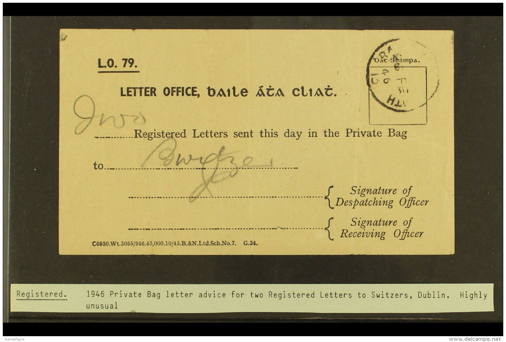 1946 PRIVATE BAG LETTER ADVICE A Scarce Private Bag Receipt For Two Registered Letters  To Switzers In Dublin. For... - Altri & Non Classificati