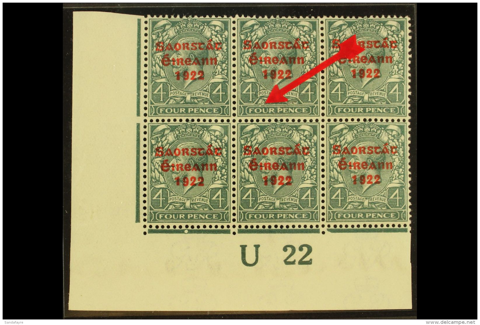 1922-23 4d Grey-green With Thom Three Line Overprint In Red, SG 58, With "BREAK OVER FOUR" Variety, Plate... - Altri & Non Classificati