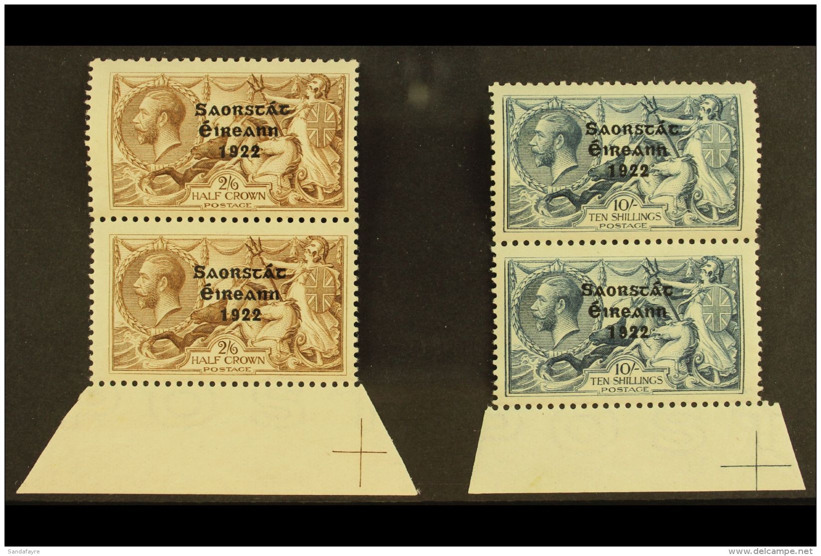 1922 2s 6d Chocolate And 10s Dull Grey Blue, 3 Line Thom Ovpt, (SG 64, 66) Both In Vertical Marginal Pairs With... - Altri & Non Classificati