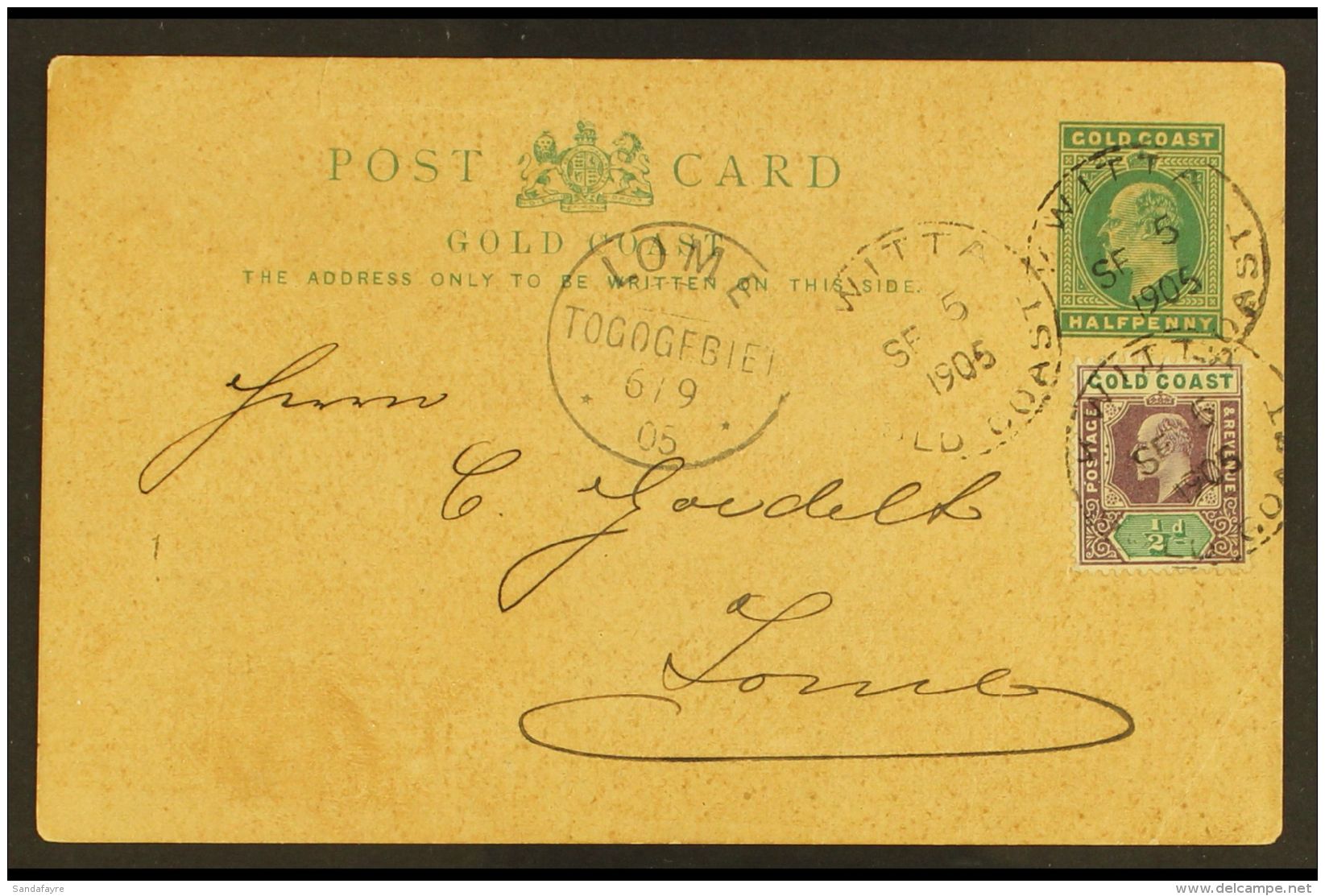 1905 (5 Sep) &frac12;d Postal Stationery Postcard Uprated With &frac12;d KEVII Stamp, Addressed To Lome (German... - Costa D'Oro (...-1957)