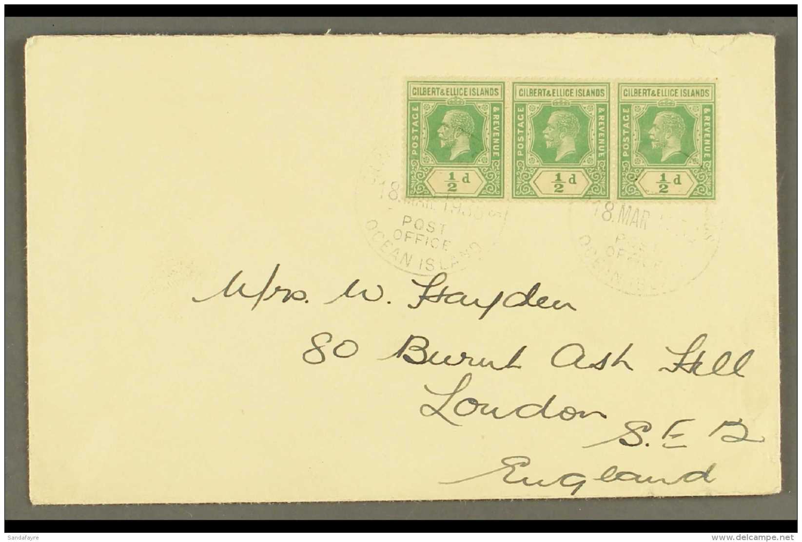 OCEAN ISLAND 1938 Cover Bearing KGV &frac12;d X3 Cancelled With Two Light &amp; Clear Strikes Of "Gilbert &amp;... - Gilbert & Ellice Islands (...-1979)