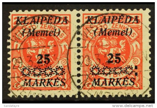 1923 25m On 25c Vermilion Overprint (Michel 137, SG 14), Fine Cds Used Horiz PAIR, The Right Stamp With 'Colon... - Autres & Non Classés