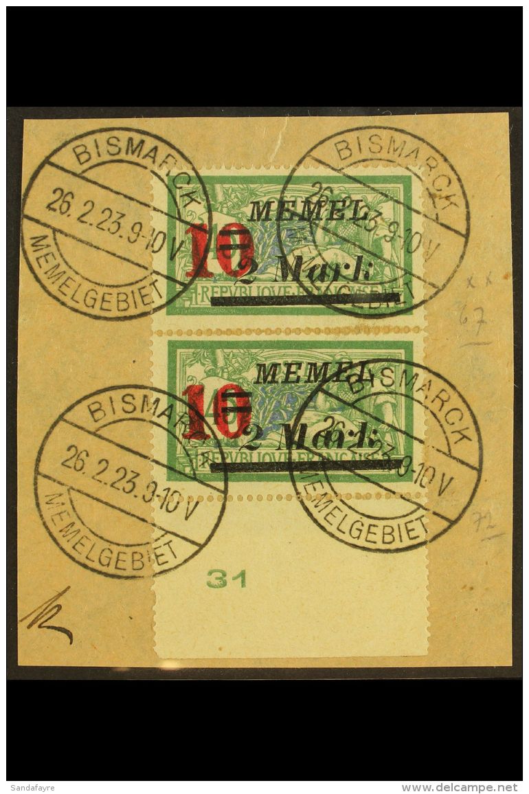 1923 10m On 2m On 45c Deep Green &amp; Blue Surcharge (Michel 121, SG 130), Fine Cds Used Marginal Vertical PAIR... - Altri & Non Classificati