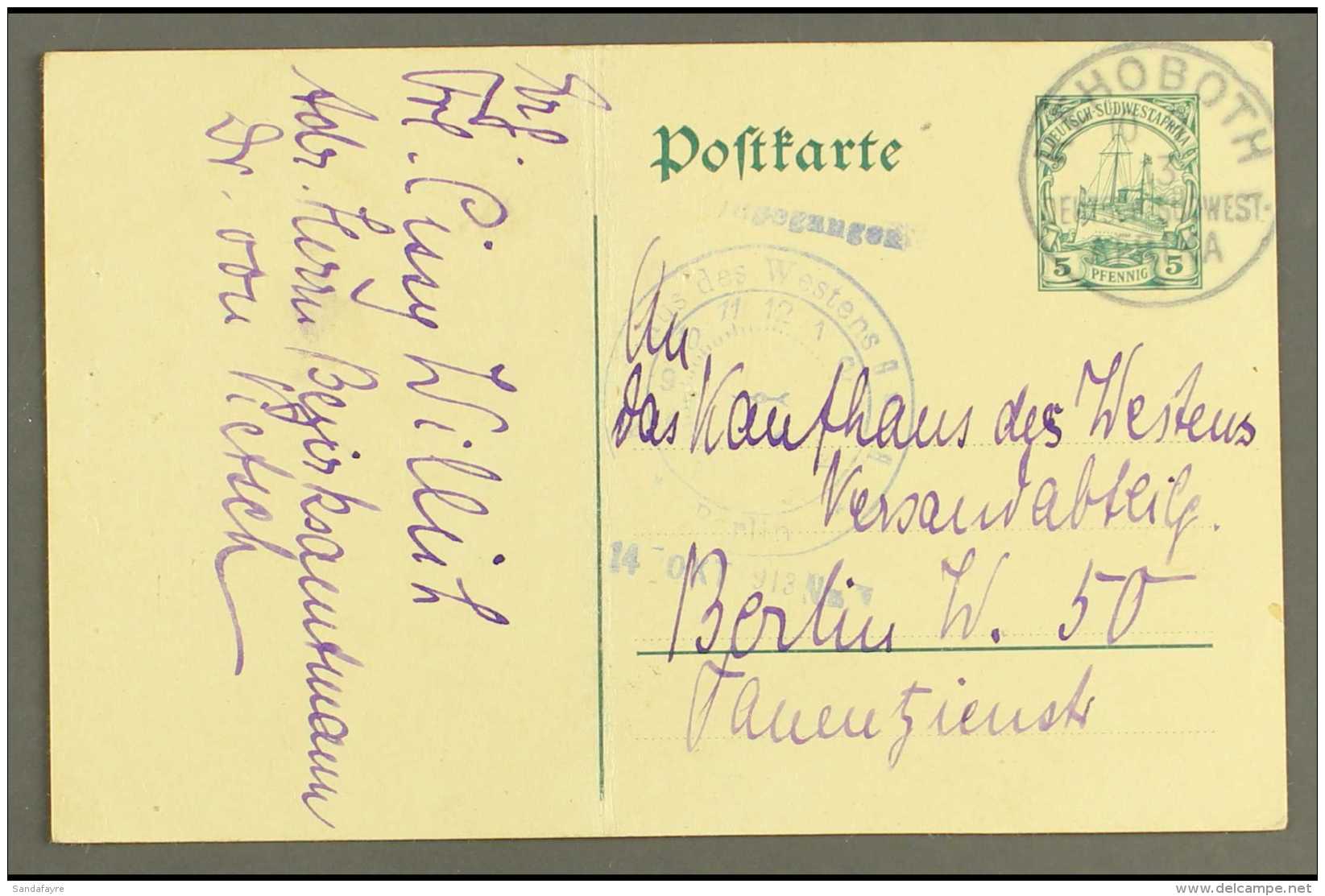 SOUTH WEST AFRICA 1913 (10 Sep) 5pf Post Stat Card To Berlin Showing A Fine "REHOBOTH" Cds Postmark, Full Message... - Sonstige & Ohne Zuordnung