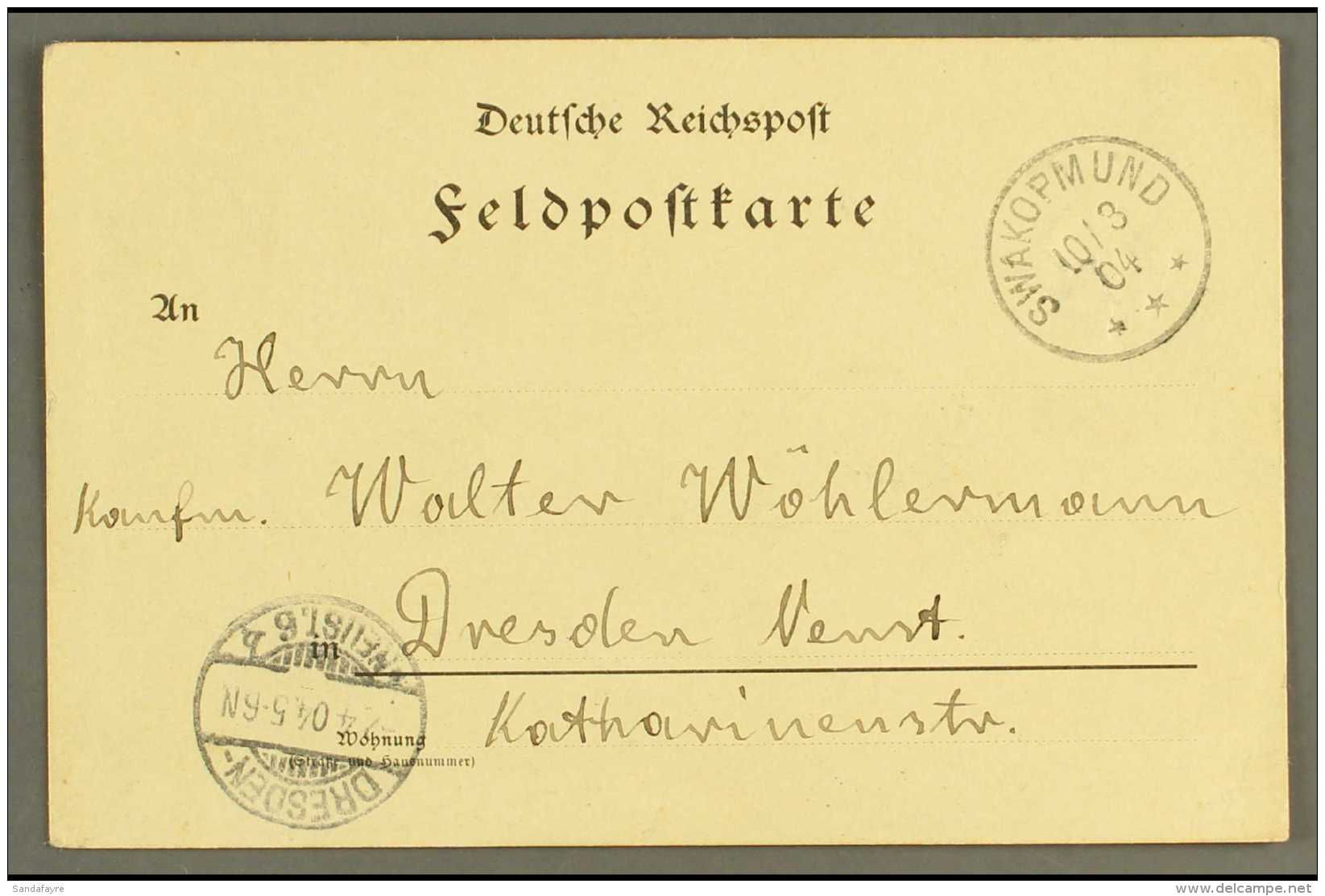 SOUTH WEST AFRICA 1904 (10 Mar) Printed Feldpost Card To Germany Showing Very Fine "SWAKOPMUND" Cds Postmark With... - Autres & Non Classés