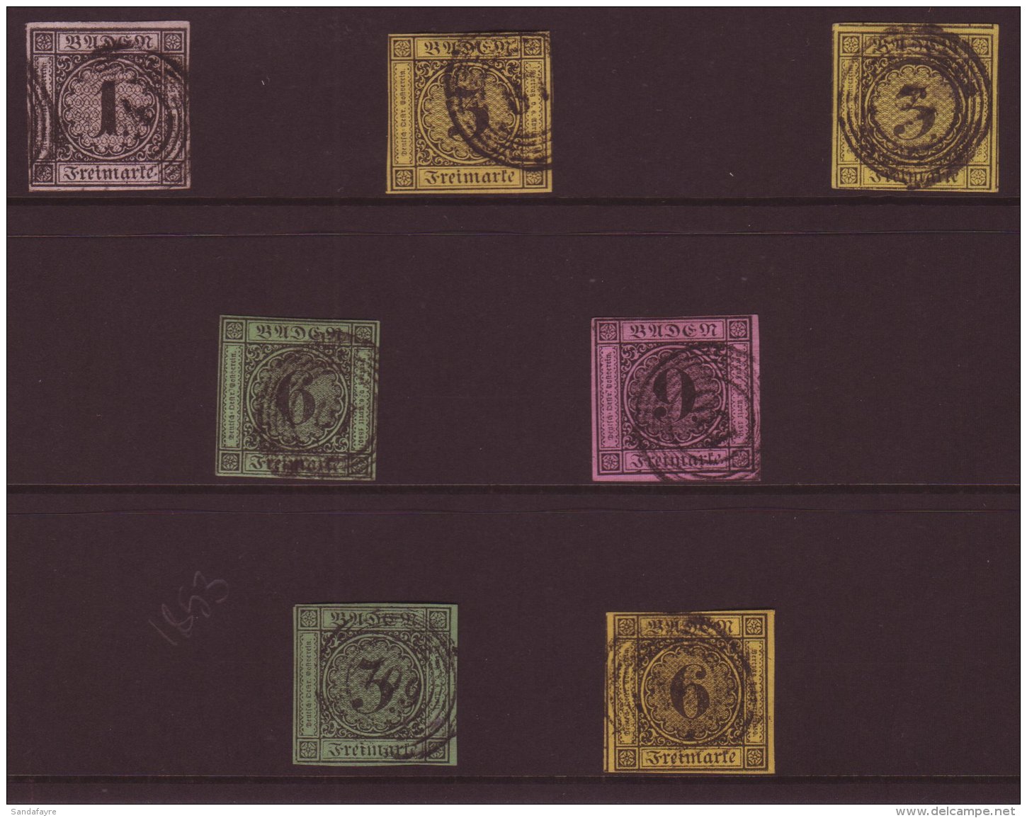 BADEN 1851 TO 1858, A Group Of 4 Margin Fine Used Stamps, 1851 1k, 3k On Yellow, 6k On Yellow, 6k On Green &amp;... - Altri & Non Classificati