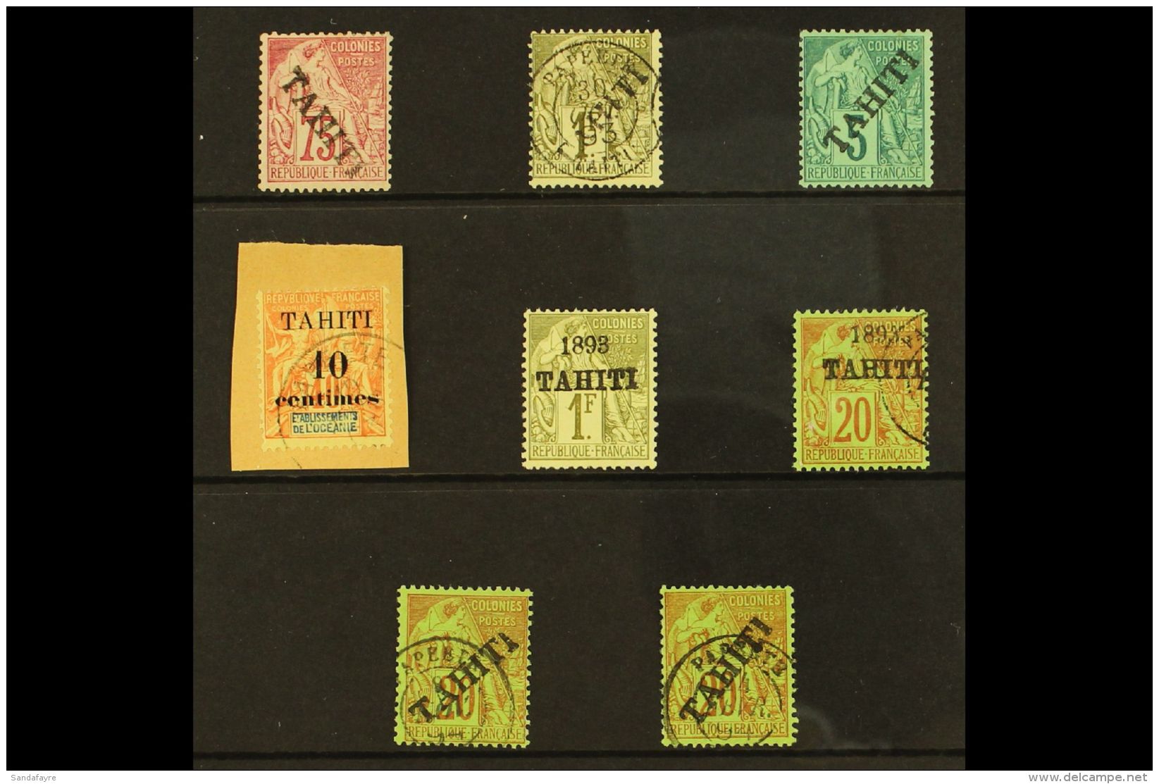 TAHITI 1893-1903 Mint Or Used Assembly With 1893 Diagonal Overprints 5c Mint, 20c X2 Used, 75c Mint, And 1fr Used,... - Autres & Non Classés