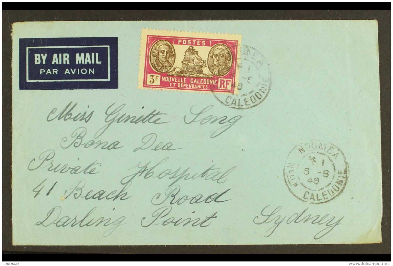 NEW CALEDONIA 1948 (5 Aug) Air Mail Envelope To Sydney Bearing 1928-38 3f Brown And Magenta (Maury 154, Yvert 158)... - Autres & Non Classés