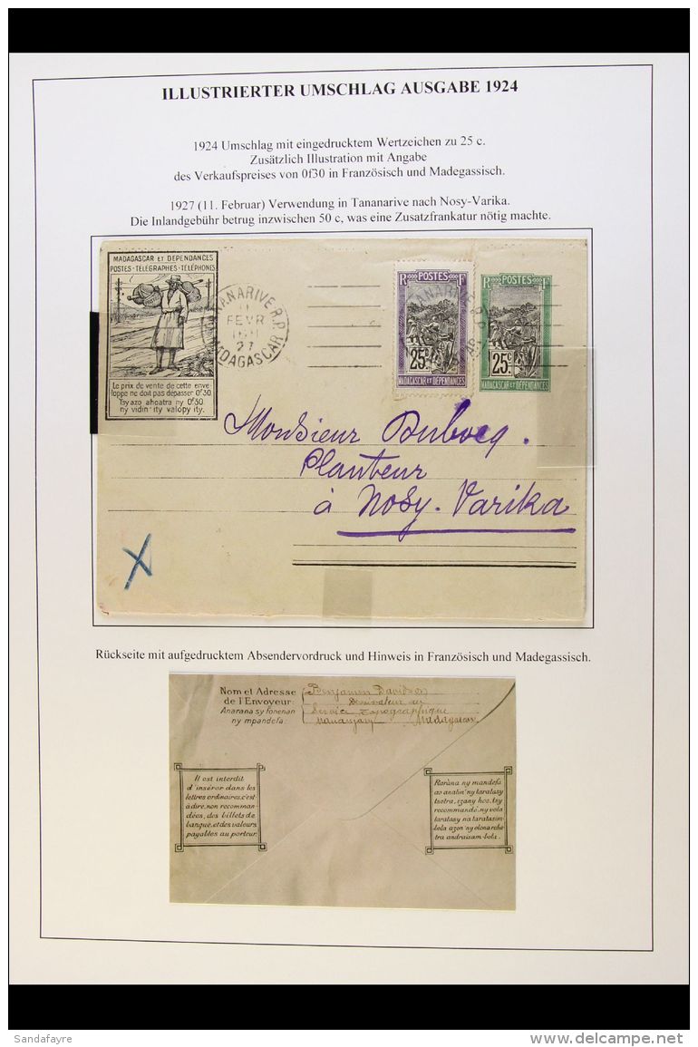 MADAGASCAR POSTAL STATIONERY 1924-1938 Interesting Collection Of Illustrated Ps Envelopes Written Up On Leaves,... - Autres & Non Classés