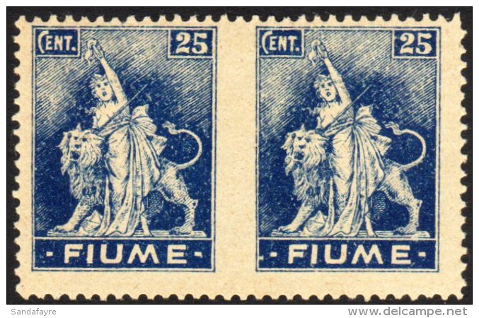 1919 25c Blue With HORIZ IMPERF PAIR IMPERF BETWEEN Variety, Type A, Toned Paper, Sassone A38f, Fine Mint, Centred... - Fiume